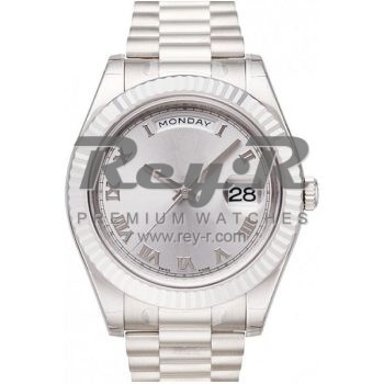 SWISS DAY-DATE II STYLE WHITE GOLD SILVER ROMAN 41MM