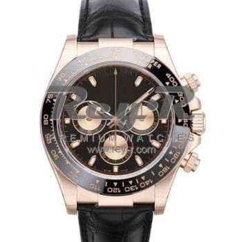 SWISS DAYTONA STYLE LEATHER ROSE GOLD BLACK CERAMIC 40MM
