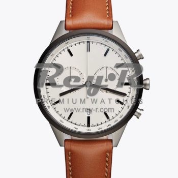 Steel White Chrono Black Bezel Brown Leather